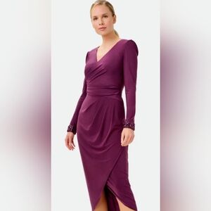 Adrianna Papell - V-Neck Long Sleeve Beaded Cuff Faux Wrap High-Low Midi